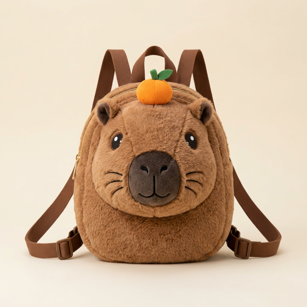 Balo bông hình mặt capybara có quả cam nhỏ trên đỉnh