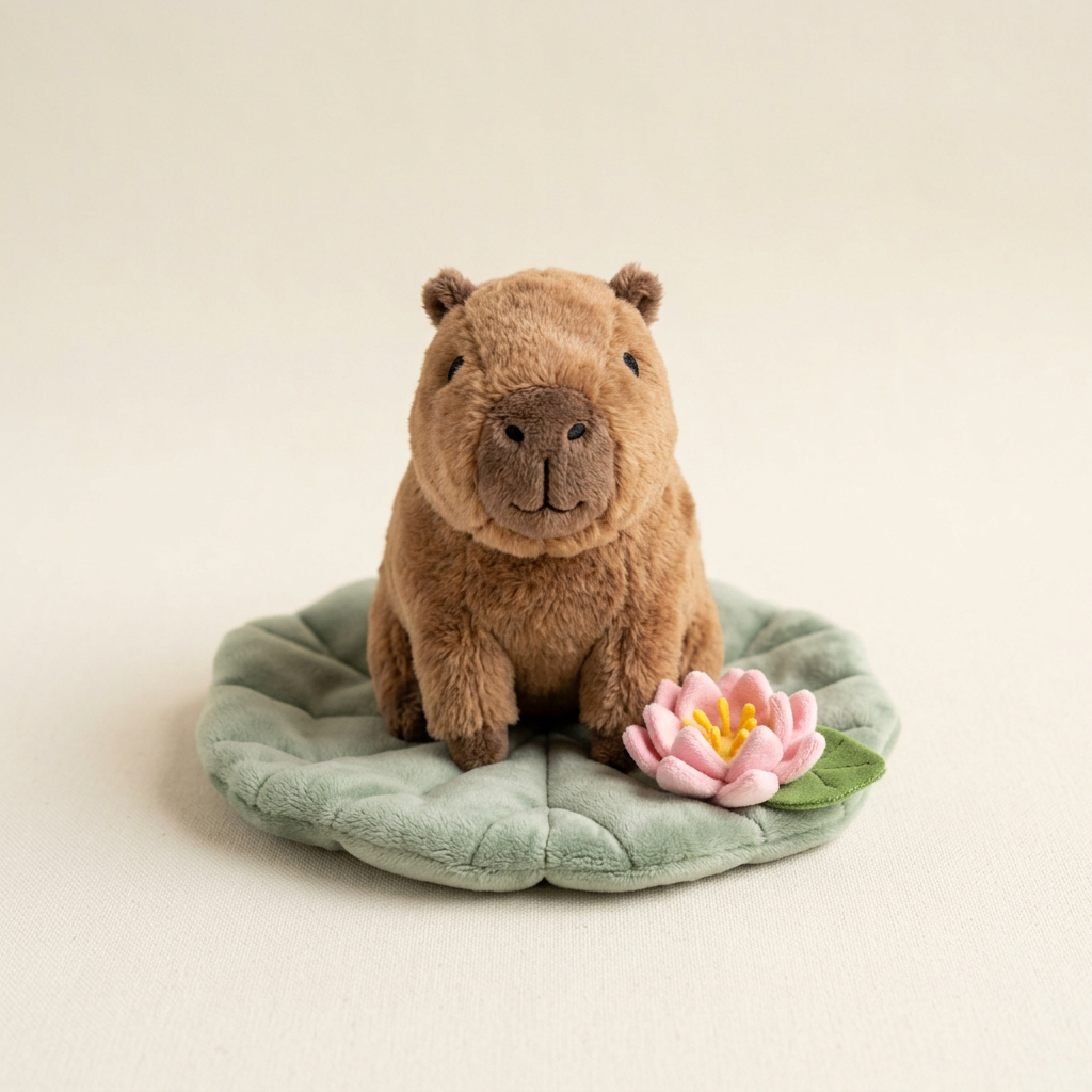 Capybara bông nhỏ ngồi trên lá sen xanh cùng một bông sen hồng