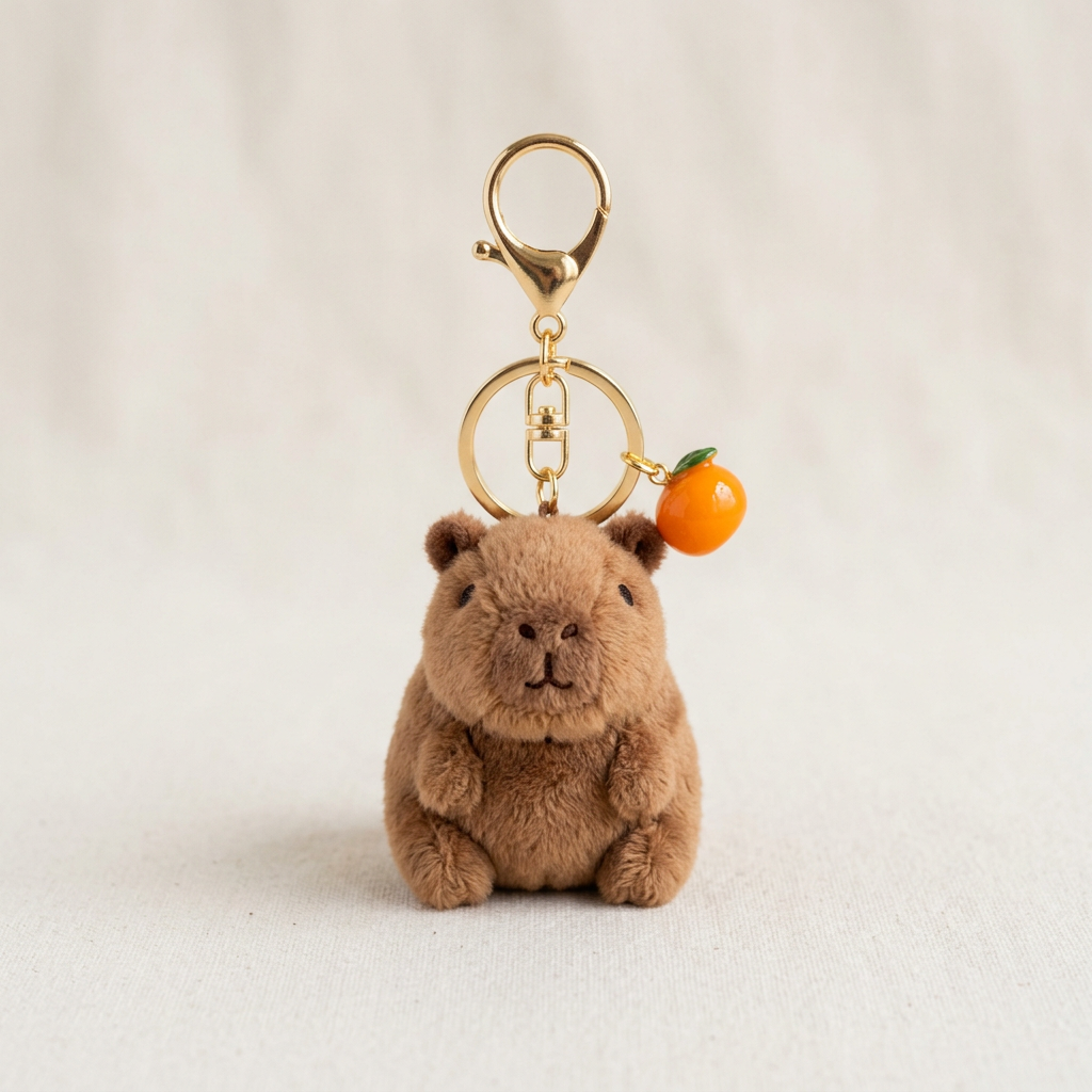 Móc khóa capybara bông nhỏ xíu có khoen kim loại màu vàng