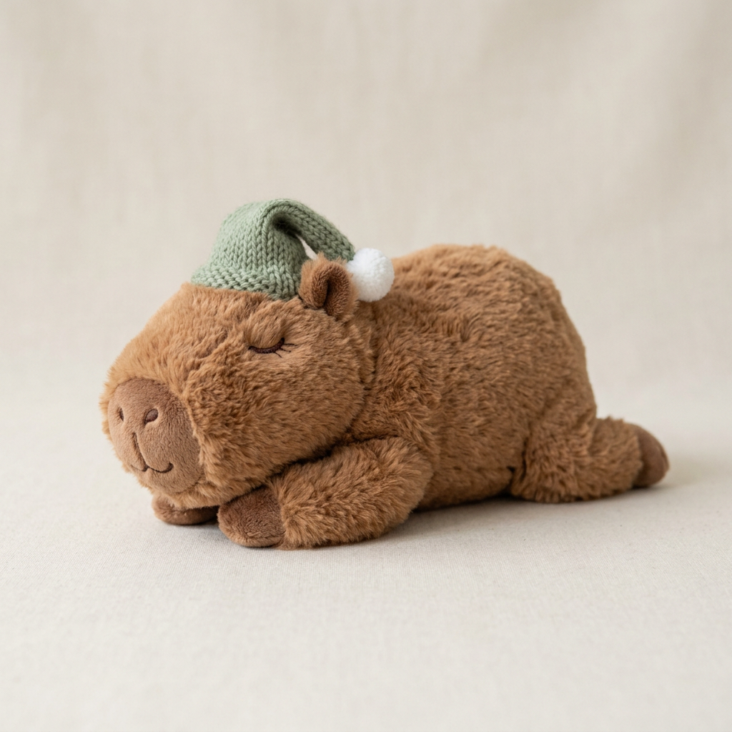 Gấu bông capybara nằm ngủ, nhắm mắt, đội mũ ngủ màu xanh lá