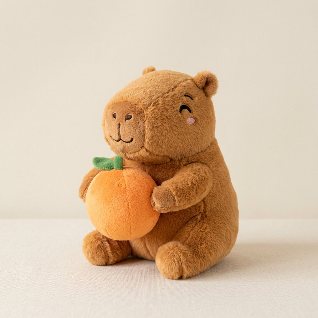 Gấu bông capybara màu nâu caramel đang ôm một quả cam bông
