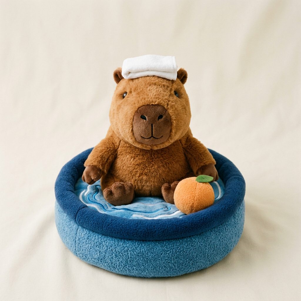 Gấu bông capybara cỡ lớn ngồi trong bồn tắm bông, khăn trắng trên đầu