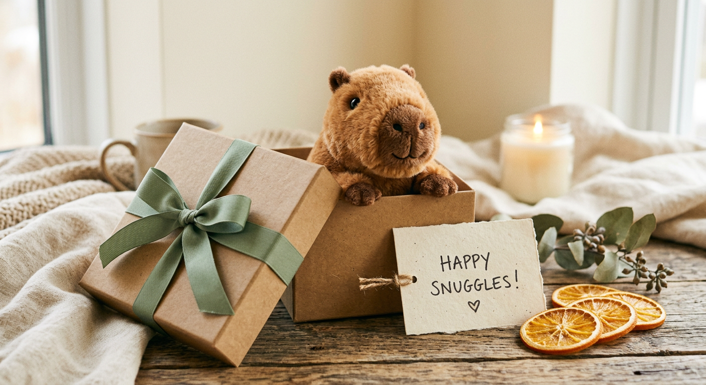 Bé capybara bông thò đầu ra khỏi hộp quà kraft buộc nơ xanh, bên cạnh tấm thiệp viết tay